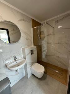 a bathroom with a toilet and a sink and a shower at Pokoje Gościnne Dom Rybitwa in Dębki