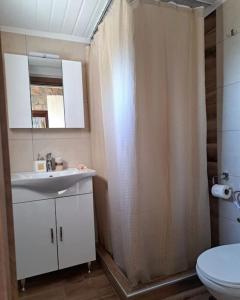 a bathroom with a shower with a sink and a toilet at Ηλιοβασίλεμα in Chios +41 photos