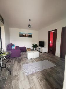 - un salon avec un canapé violet et une table dans l'établissement Casa la Grenadine, à Esmoriz