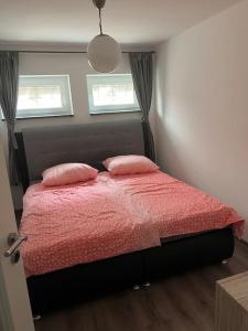 a bedroom with a bed with two pink pillows at Ferienwohnung, Thüringen 