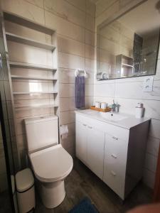 a bathroom with a white toilet and a sink at Casa la Grenadine in Esmoriz +25 photos