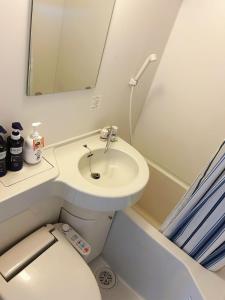 Baño pequeño con aseo y lavamanos en GEGE house 201室, en Osaka