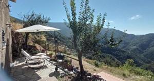 une terrasse avec une table, un parasol et un arbre dans l'établissement La quiete accesa, à Vernazza