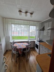 a kitchen with a table and chairs and a window at Nidos centre 3 kambarių butas in Nida