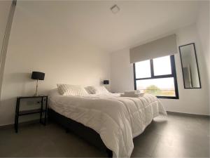 a white bedroom with a bed and a window at Pionero in Neuquén +15 photos