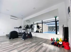 a gym with treadmills and exercise equipment and a mirror at Pionero in Neuquén