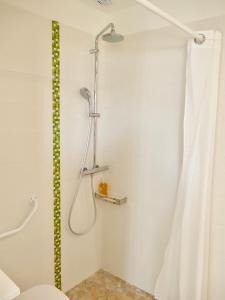 a bathroom with a shower with a shower curtain at Clos des Aigrettes, Gîtes à La Cotinière in La Cotinière