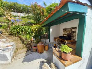 an outdoor kitchen with pots of plants in a yard at La maison du jardin in Saint-Jean-de-Luz