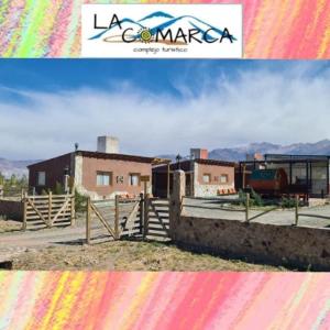 a collage of a picture of a building with a train at La Comarca in Uspallata