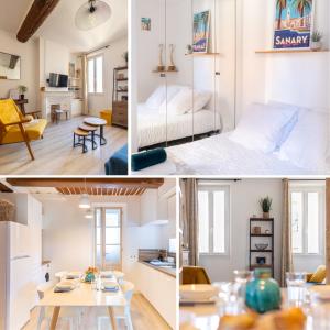 een collage van foto's van een slaapkamer en een woonkamer bij Escapade à Sanary au Cœur du Village in Sanary-sur-Mer