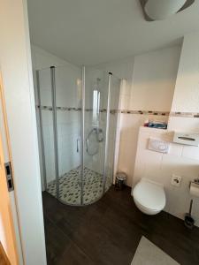 a bathroom with a shower and a toilet in it at SkyPension in Schönefeld