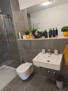 a bathroom with a sink and a toilet and a shower at *1A Lage/Top Anbindung/4 Pers./Tiefgarage/Smart-TV* in Cologne