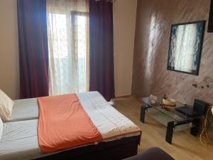 een slaapkamer met een bed en een tafel met een laptop bij Apartman Laziva in Budva