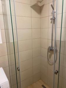 een douche met een glazen deur in de badkamer bij Apartman Laziva in Budva