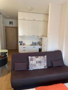 een woonkamer met een bank en een keuken bij Apartman Laziva in Budva