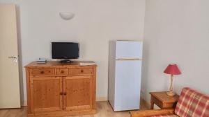 uma sala de estar com uma televisão e um frigorífico em Résidence Les Iles Britanniques em La Bourboule