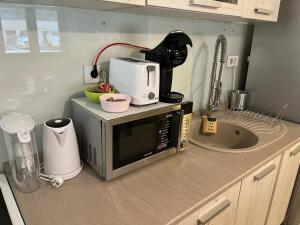 a microwave sitting on top of a kitchen counter at Apartman Savska Palata in Sajmište