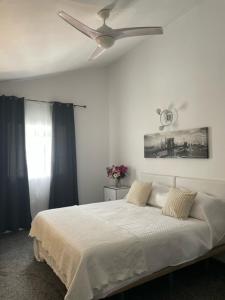 een slaapkamer met een bed en een plafondventilator bij The Dragonfly Retreat in Málaga