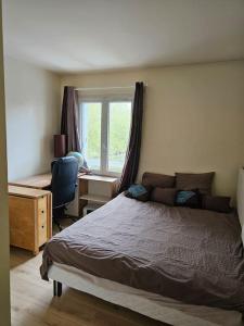 Un dormitorio con una cama y un escritorio y una ventana. en Appartement spacieux silencieux, en Lognes