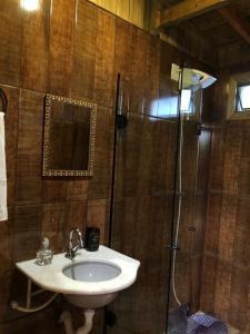 La salle de bains est pourvue d'un lavabo et d'une douche. dans l'établissement Cabanas Luar adaptada, à São Francisco de Paula