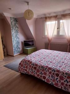 1 dormitorio con 1 cama, TV y 2 ventanas en Les Hirondelles du MAMBOURG, en Sigolsheim