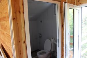 a bathroom with a toilet in a wooden house at Berkheva Glamping - ბერხევა გლემპინგი in Zemo Khodasheni