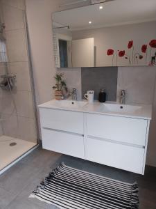 y baño con lavabo blanco y espejo. en Les Hirondelles du MAMBOURG, en Sigolsheim