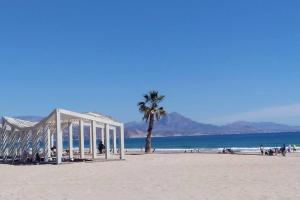 a white tent on a beach with a palm tree at Un trocito de paraíso junto al mar in El Campello