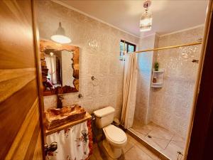 een badkamer met een toilet, een wastafel en een douche bij Bubucoca Residence in Baños
