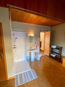 een badkamer met een douche, een toilet en een wastafel bij Jolie maison très calme in Ajaccio