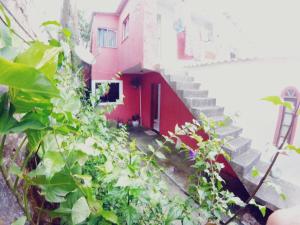 um edifício vermelho com escadas e algumas plantas verdes em Casa do Aventureiro em Abraão