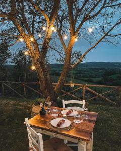 drewniany stół z talerzami jedzenia pod drzewem w obiekcie TERRA - Saturnia tented lodges w mieście Saturnia