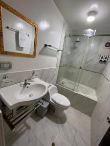 La salle de bains est pourvue d'un lavabo, de toilettes et d'une douche. dans l'établissement Terra Imperial, à Chachapoyas