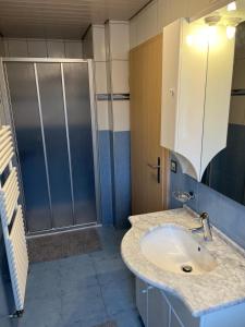 een badkamer met een wastafel en een douche bij Appartement de vacances "La Poste" in Saignelégier