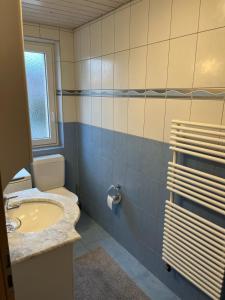 La salle de bains est pourvue d'un lavabo et de toilettes. dans l'établissement Appartement de vacances "La Poste", à Saignelégier