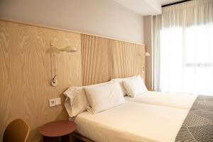 um quarto de hotel com uma cama e uma janela em Hotel Dos Rios Origen em Aínsa