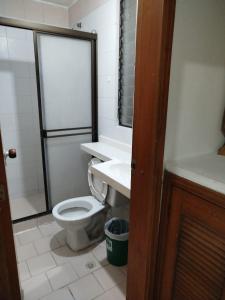 Hotel Sevilla Plaza في بوكارامانغا: حمام مع مرحاض ومغسلة ودش