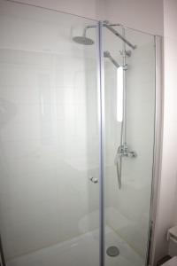 a shower with a glass door in a bathroom at Studio en la Calle Monjitas Corazon de Santiago in Santiago