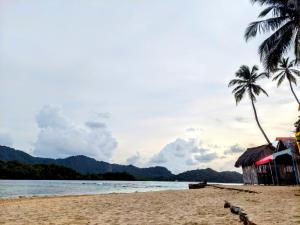 a beach with two palm trees and a hut at Velero en Isla Linton in Puerto Lindo