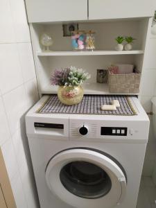 a washer and dryer in a small room with flowers at Ellie's house in Kozani