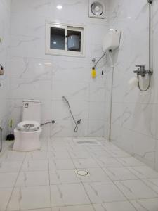 La salle de bains blanche est pourvue d'une douche et de toilettes. dans l'établissement وحدات سكنية الحصون, à Ithnayn