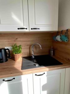 a kitchen counter with a sink and white cabinets at Ferienwohnung Lieblingsplatz in Tholey