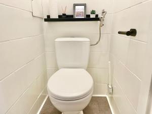 ein Bad mit einem weißen WC in einem Zimmer in der Unterkunft Stylish Studio near Center in Wien