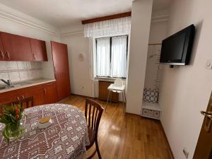 a kitchen and dining room with a table and a television at Sunny Hill Apartment in Ilirska Bistrica