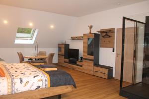 1 dormitorio con 1 cama, TV y escritorio en Maison d'hôtes en forêt avec des chevaux, Domaine du Trèfle d'Or, en Soucht