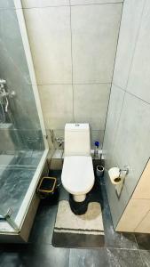 アルマトイにあるАпартаменты недалеко от аэропорта и вокзалаの小さなバスルーム(トイレ、シャワー付)