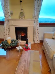 un soggiorno con camino e tavolo con bicchieri da vino di Villa Milosavljevic a Banja Koviljača