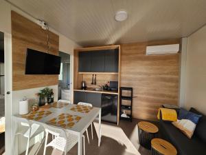 a kitchen and living room with a table and a couch at Mobile home Jadre I in Pakoštane +30 photos