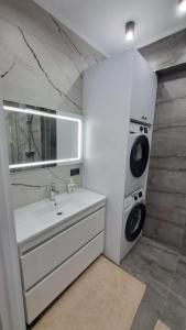 a bathroom with a sink and a washing machine at AIRPORT-TAXI-PARKING-Card in Chişinău