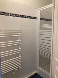 eine Dusche mit Glastür im Badezimmer in der Unterkunft Appartement cosy proche rue piétonne et plages in Capbreton